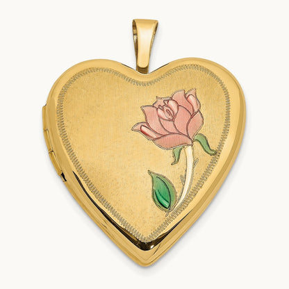 Enamel Rose Heart Locket, 20mm, 14K