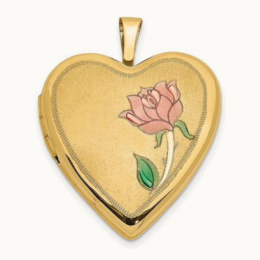 Enamel Rose Heart Locket, 20mm, 14K