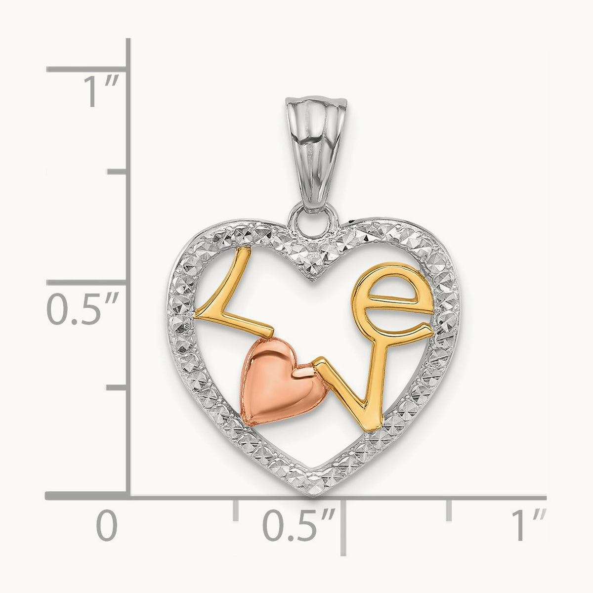 Tri-Color Diamond-cut LOVE in Heart Pendant, 14K
