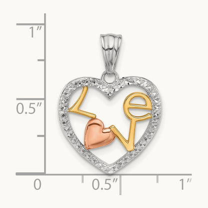 Tri-Color Diamond-cut LOVE in Heart Pendant, 14K