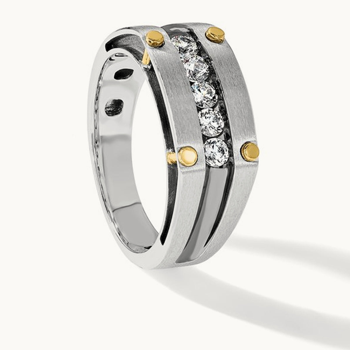 14ktt w/ Blk RH IBGoodman Men's Satin/Grooved 5-Stone Diamond Ring