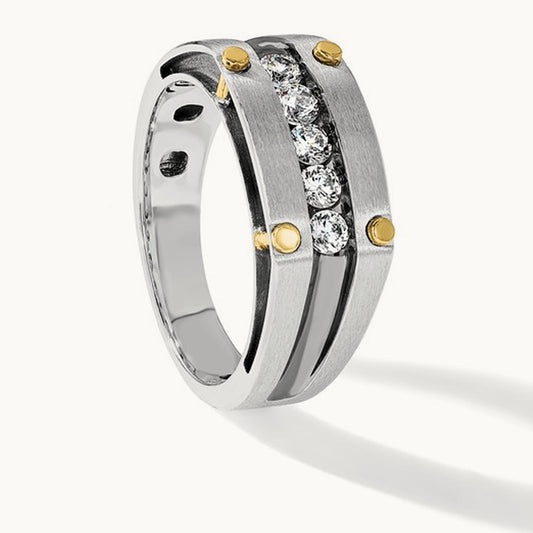 14ktt w/ Blk RH IBGoodman Men's Satin/Grooved 5-Stone Diamond Ring