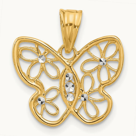 Polished and D/C Flower Butterfly Pendant, 14K with White Rhodium