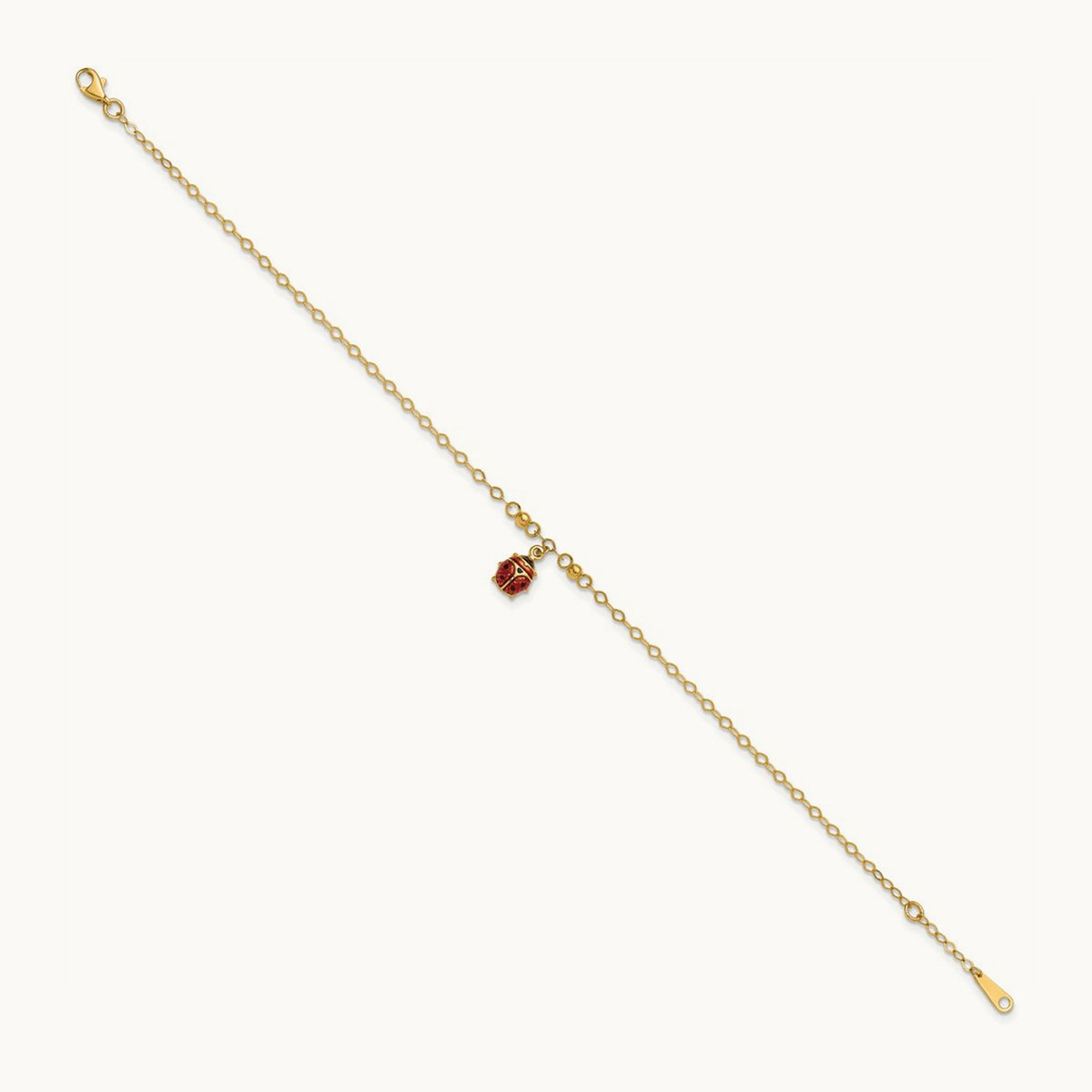 Adjustable Enameled Ladybug 9in Plus 1in ext. Anklet, 14K