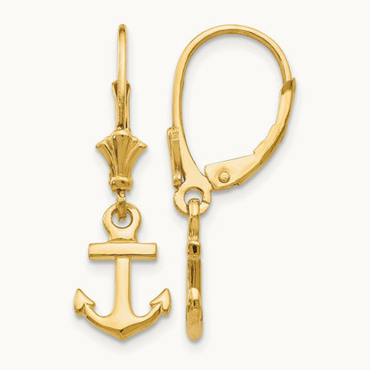 Mini Anchor Leverback Earrings, 14K