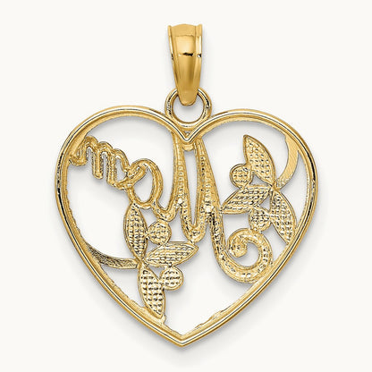 w/ Rhodium Textured Heart w/ MOM Charm, 14K