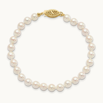 5- Round White Saltwater Akoya Cultured Pearl Bracelet, 6mm, 14K