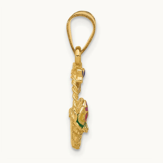 Enameled Easter Basket w/ Bow and Eggs Charm, 14K