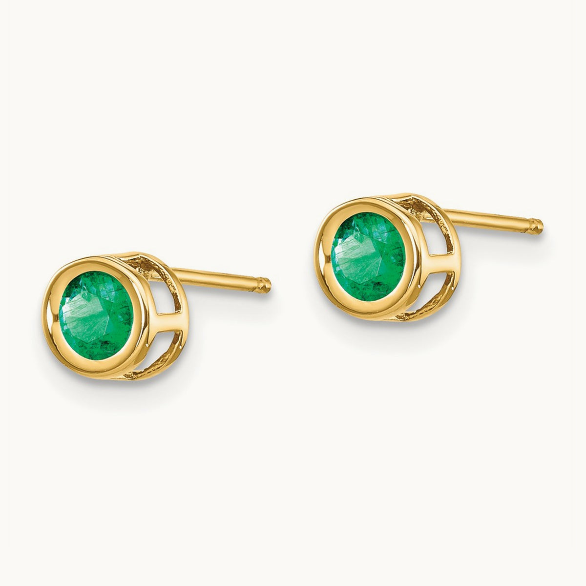Bezel May/Emerald Post Earrings — 14K Yellow Gold