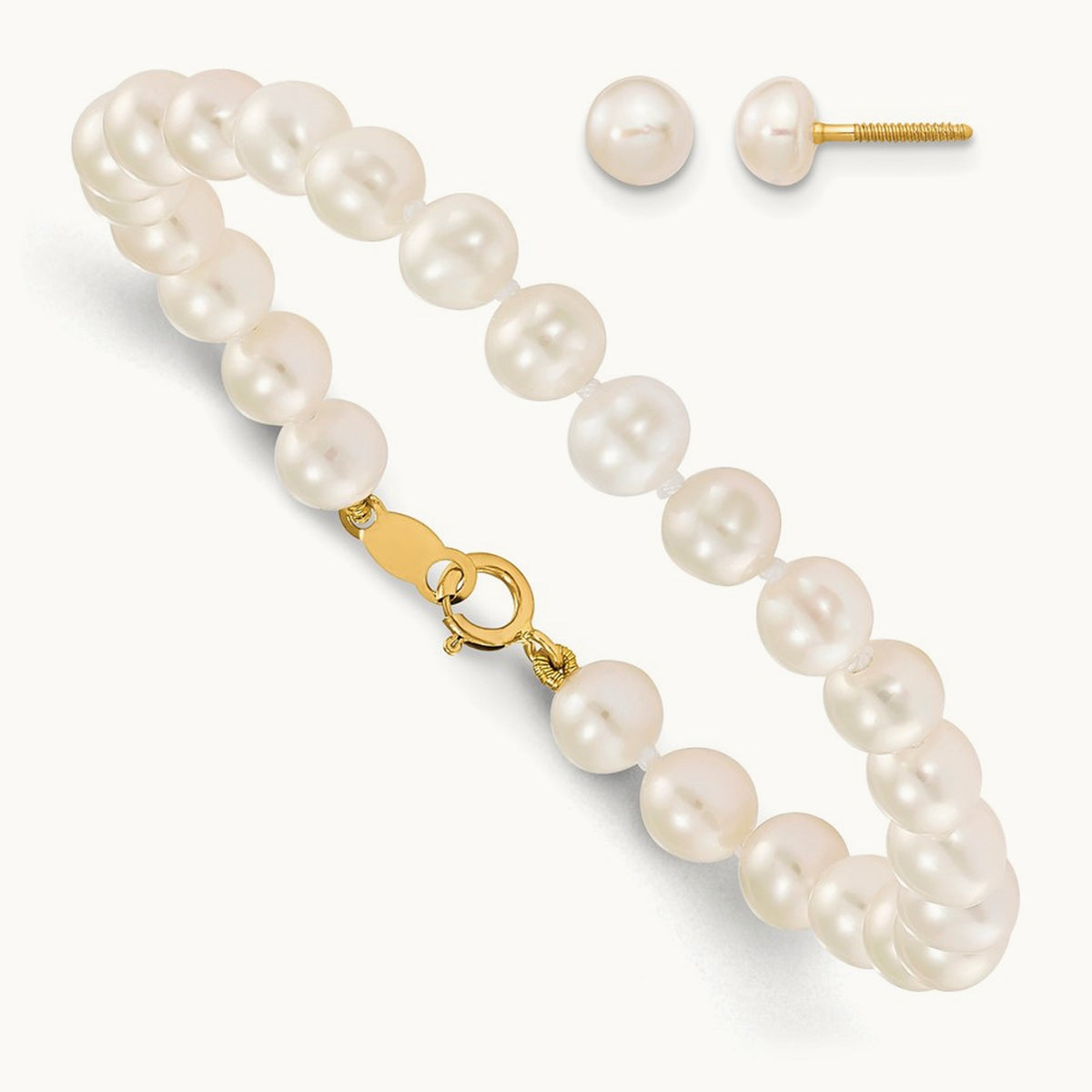 Madi K 4- White Freshwater Cultured Pearl Bracelet & Earring Set, 5mm, 14K