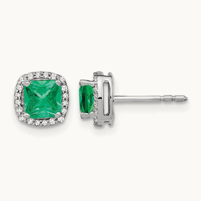 Cushion Emerald and Diamond Halo Earrings, 14K White Gold