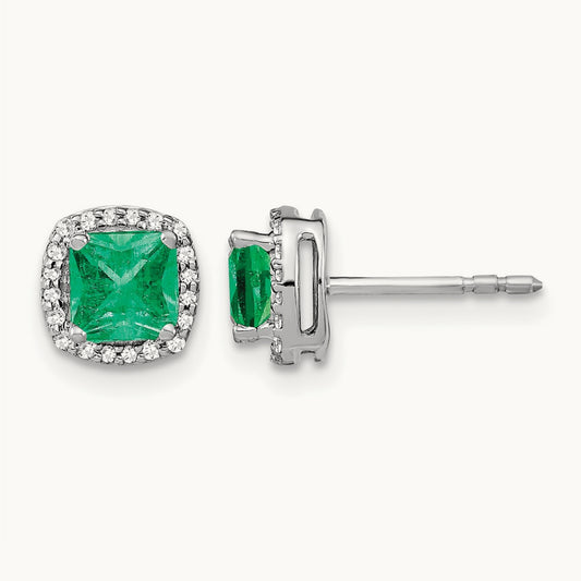 Cushion Emerald and Diamond Halo Earrings, 14K White Gold