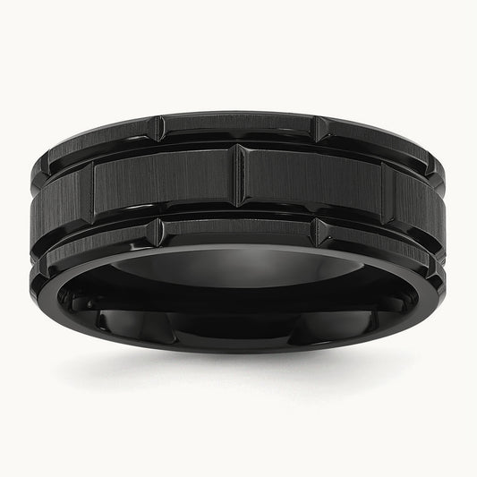 Brushed and Polished Black IP-plated Notched Band, 8mm, Titanium