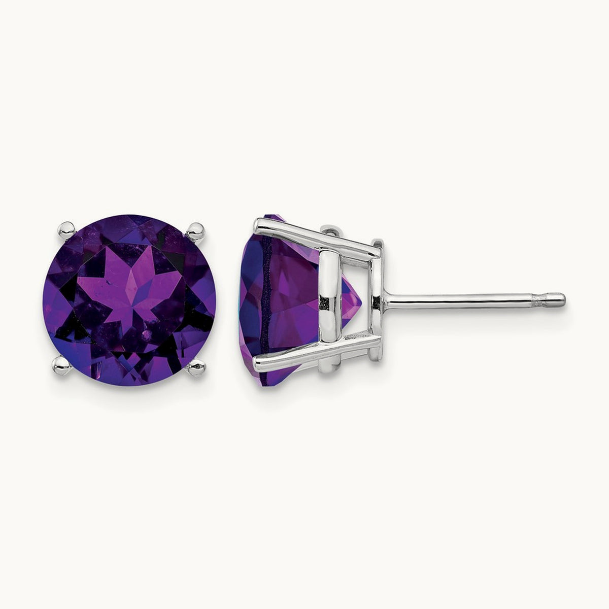 Amethyst Round Stud Earrings, 14K White Gold