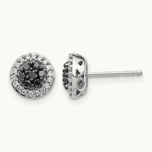 Black/White Diamond Cluster Post Earrings, 14K White Gold