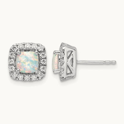 Oct Birthstone Created Opal Post Earrings, 0.25 ct tw Lab-Grown Diamond — 14K White Gold