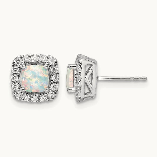 Oct Birthstone Created Opal Post Earrings, 0.25 ct tw Lab-Grown Diamond — 14K White Gold