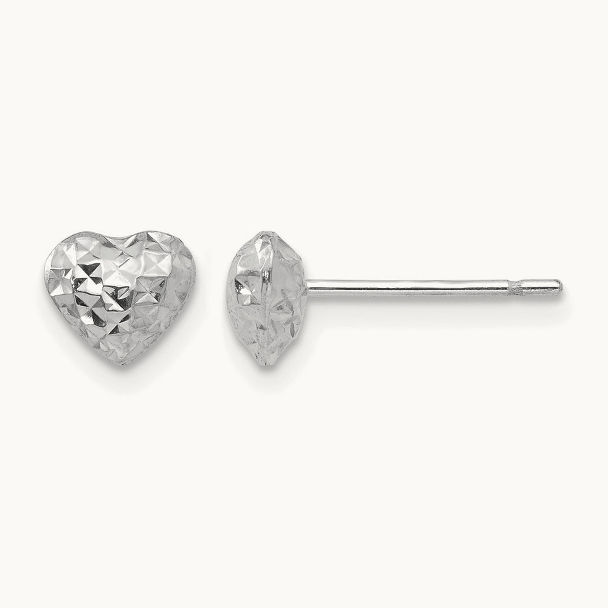 Diamond Cut Puffed Heart Post Stud Earrings — 14K White Gold