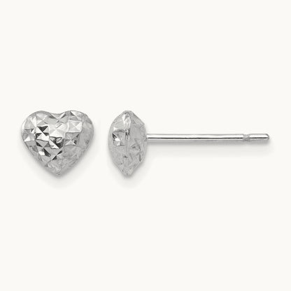 Diamond Cut Puffed Heart Post Stud Earrings — 14K White Gold