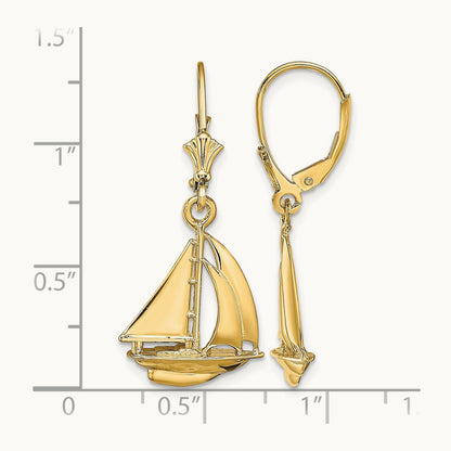 3D Polished Sailboat Leverback Earrings, 14K