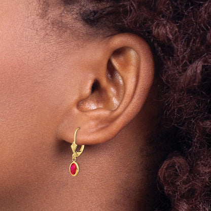 6x4 Oval Bezel July/Ruby Leverback Earrings — 14K Yellow Gold