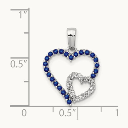 Diamond and Sapphire Double Heart Pendant, 14K White Gold