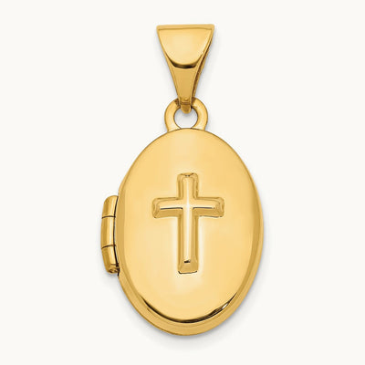 Cross Oval Locket Pendant, 16mm, 14K Yellow Gold