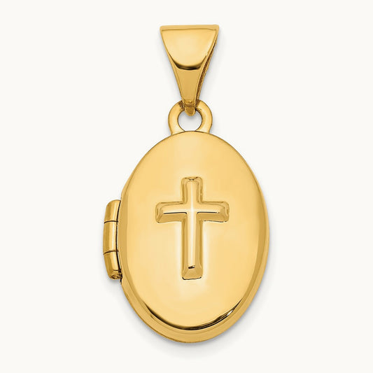 Cross Oval Locket Pendant, 16mm, 14K Yellow Gold