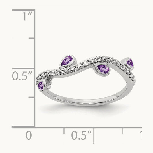 Diamond and Pear Amethyst Curved Ring, 14K White Gold