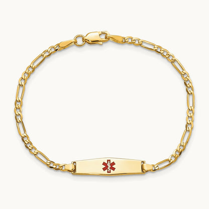 Medical Soft Diamond Shape Red Enamel Figaro Link ID Bracelet, 14K
