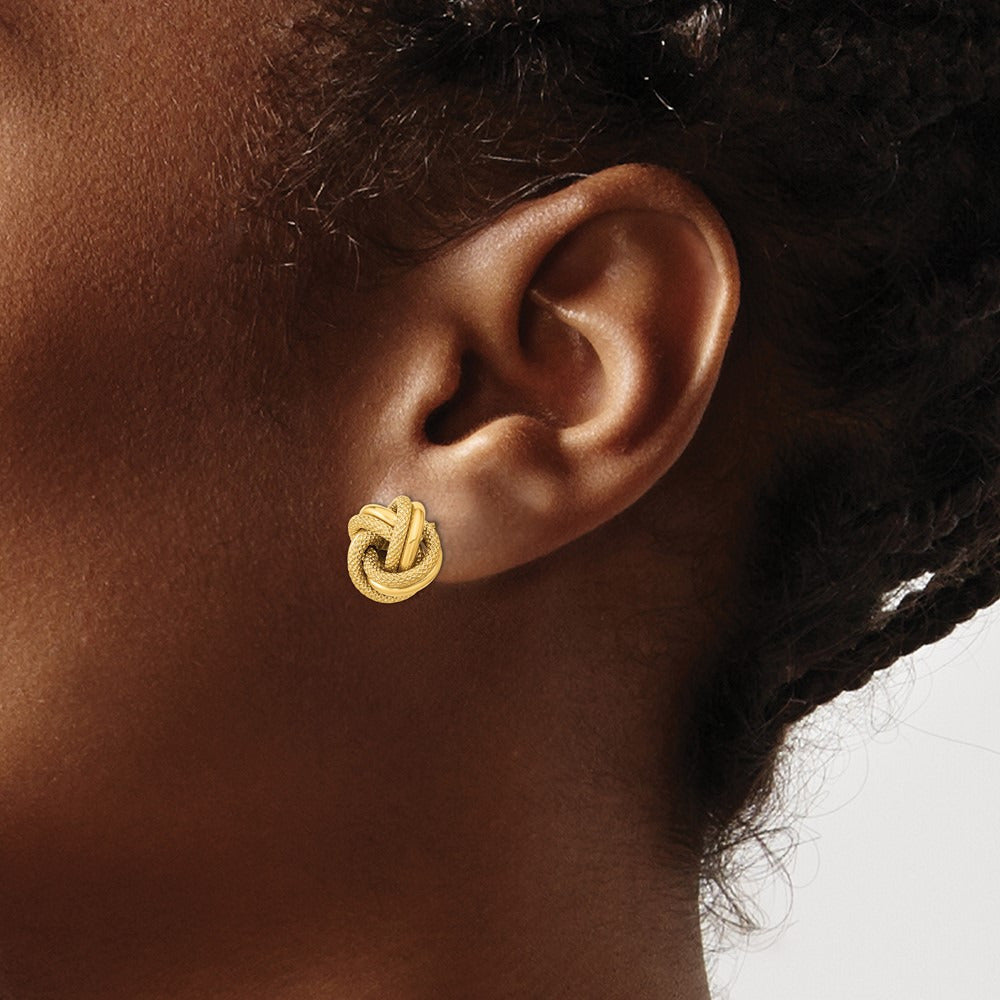 Polished Textured Double Love Knot Post Earrings — 14K Yellow Gold