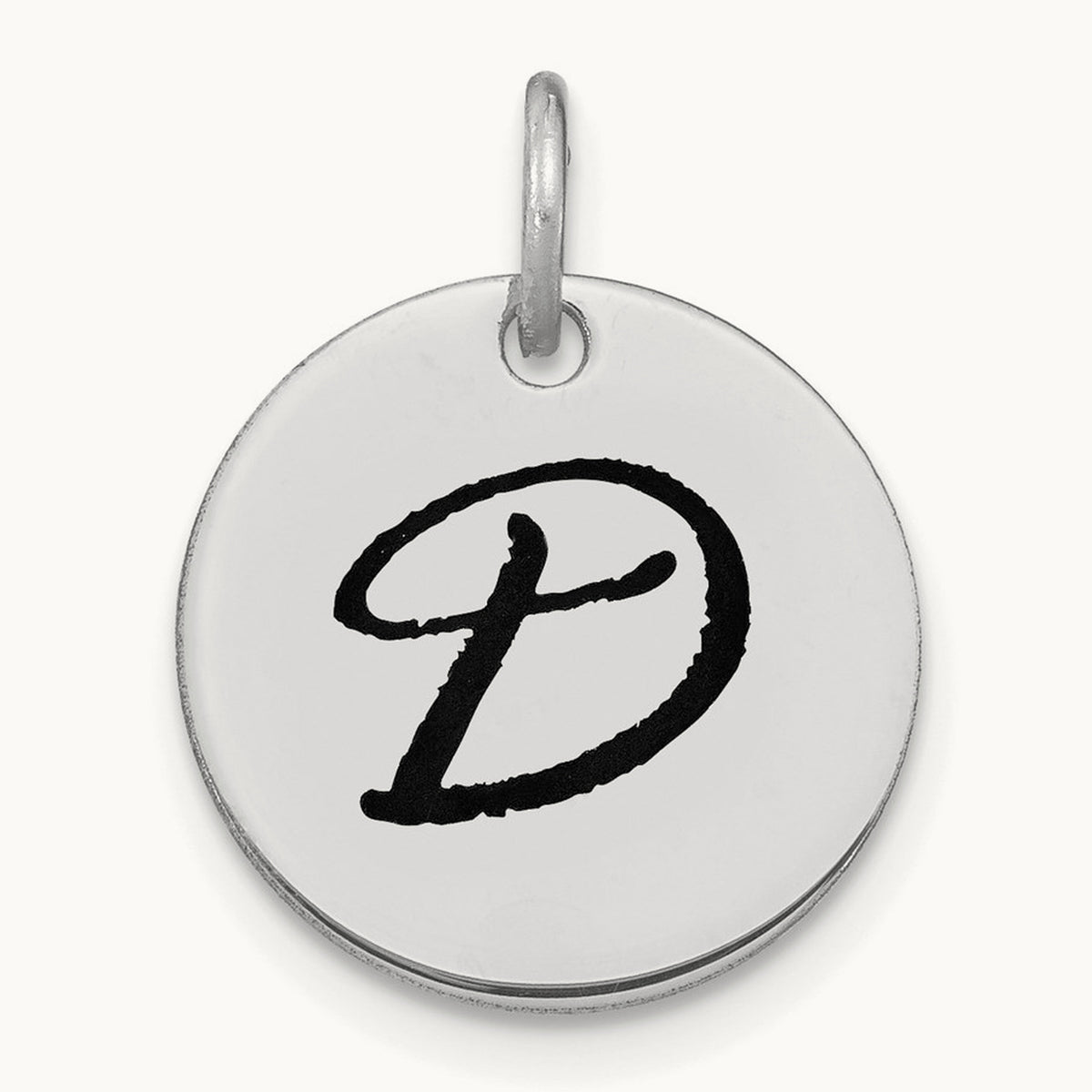 Polished Black Enamel Initial Disk Charm — 14K White Gold, D