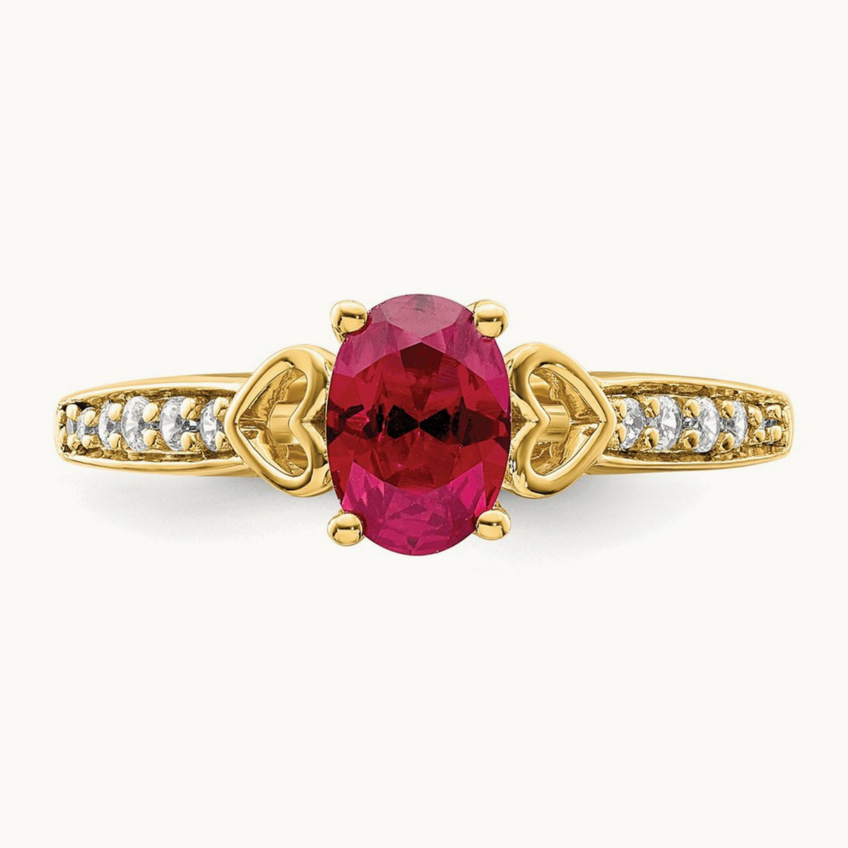 Polished Side Hearts Ruby and Diamond Ring, 14K