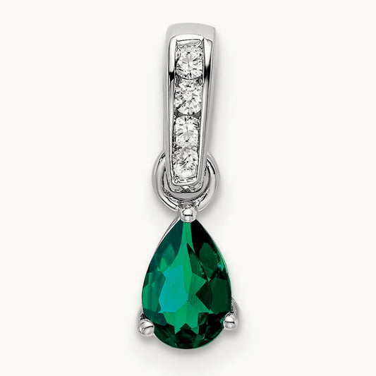 Pear Created Emerald and Lab-Grown Diamond Pendant — 14K White Gold