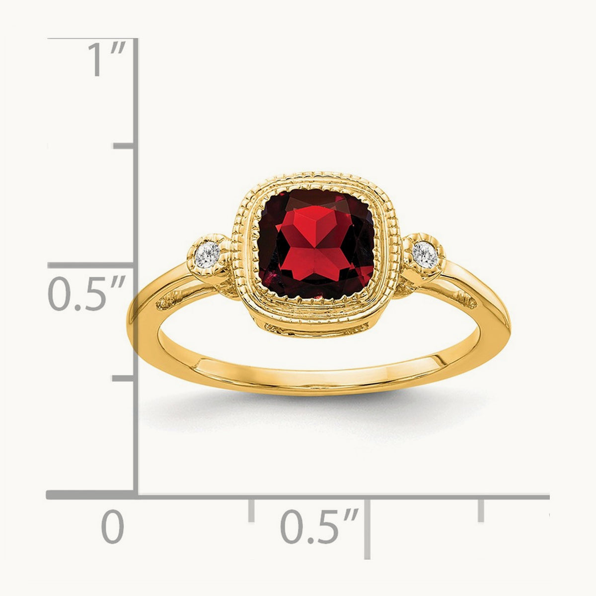 Cushion Garnet and Diamond Ring — 14K Yellow Gold, 7