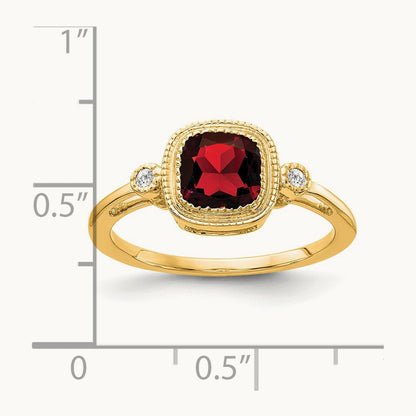 Cushion Garnet and Diamond Ring — 14K Yellow Gold, 7