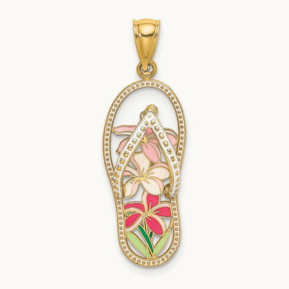 Multi Color Enamel Flower Flip-Flop Charm, 14K