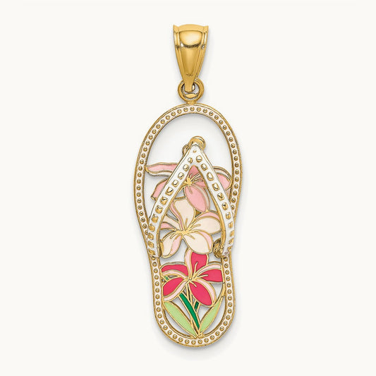 Multi Color Enamel Flower Flip-Flop Charm, 14K