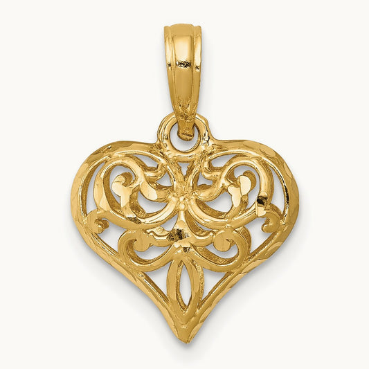 Polished 3-D Filigree Puffed Heart Pendant — 20mm