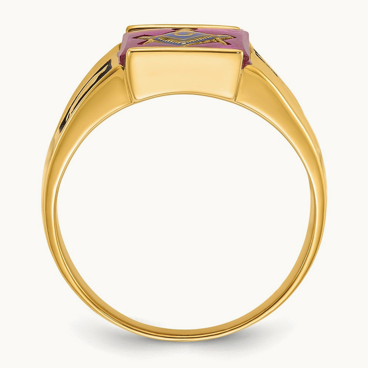 Men's Textured w/ Black Enamel & Lab Cr. Ruby Masonic Ring, 14K