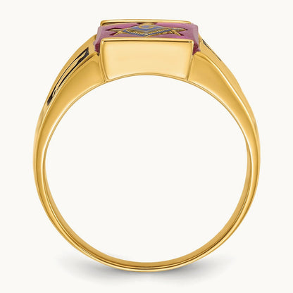 Men's Textured w/ Black Enamel & Lab Cr. Ruby Masonic Ring, 14K