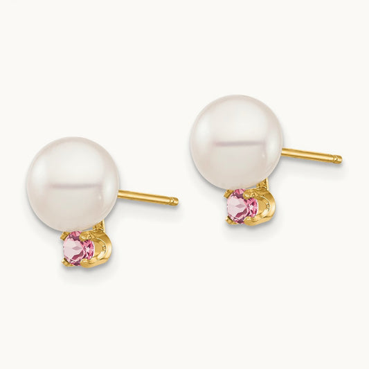 7- White Round Freshwater Cultured Pearl Pink Topaz Post Earrings, 7.5mm, 14K