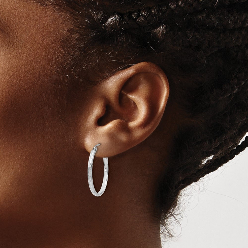 Lightweight Diamond-cut Oval Hoop Earrings — 14K White Gold, 20mm