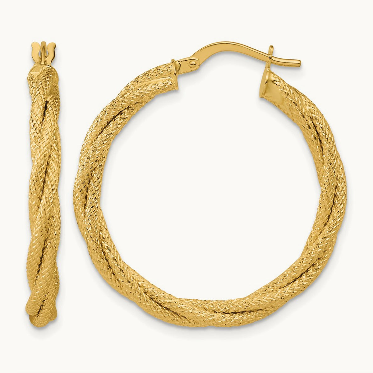 Polished and Textured Twisted Round Hoop Earrings — Leslie's — 29mm