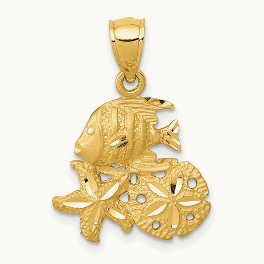Satin Diamond-cut Fish, Starfish and Sand Dollar Pendant, 14K