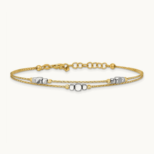 Polished Diamond-cut Double 7in w/1in ext. Bracelet, 14K Two-tone