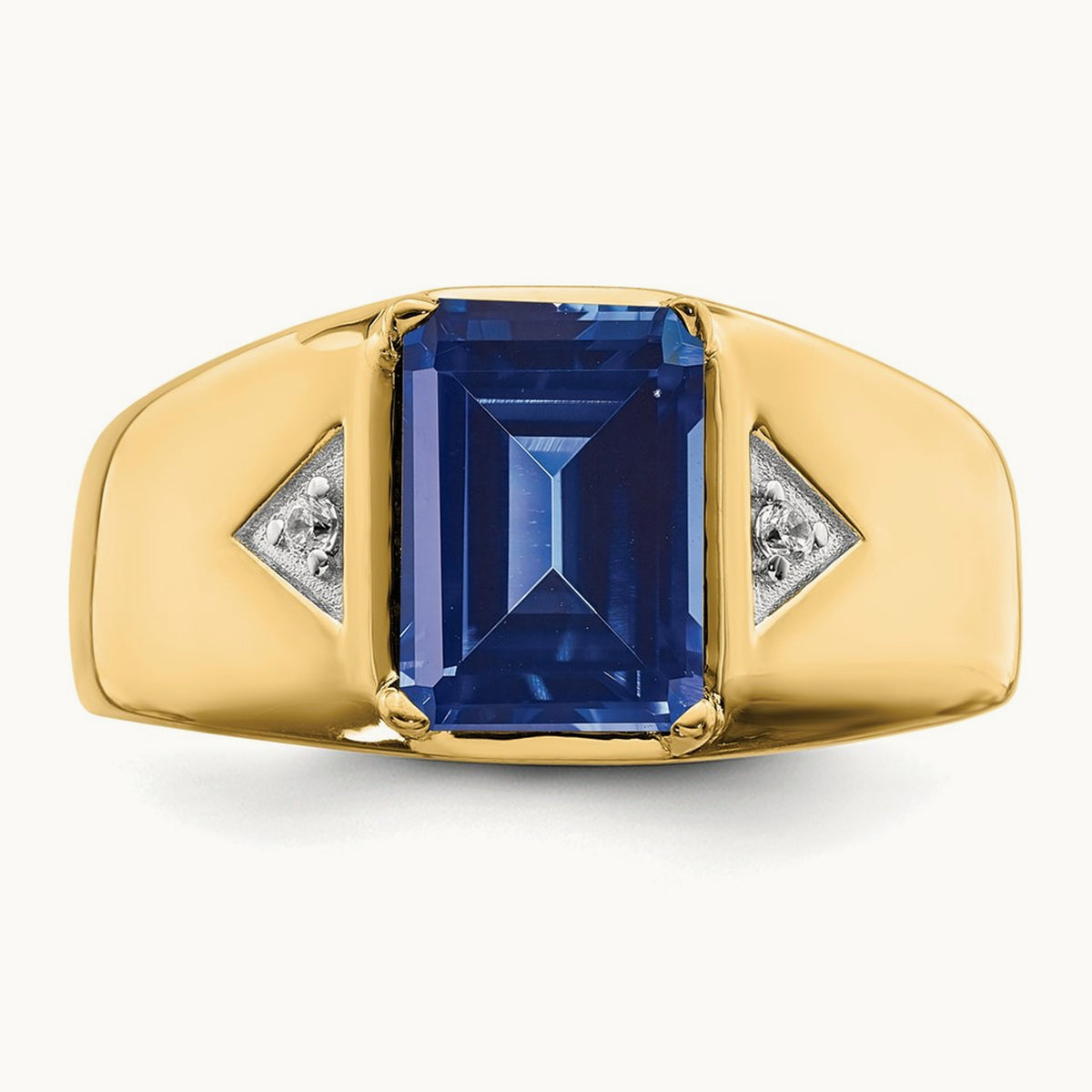 Emerald-cut Created Sapphire and Diamond Polished Mens Ring, 14K