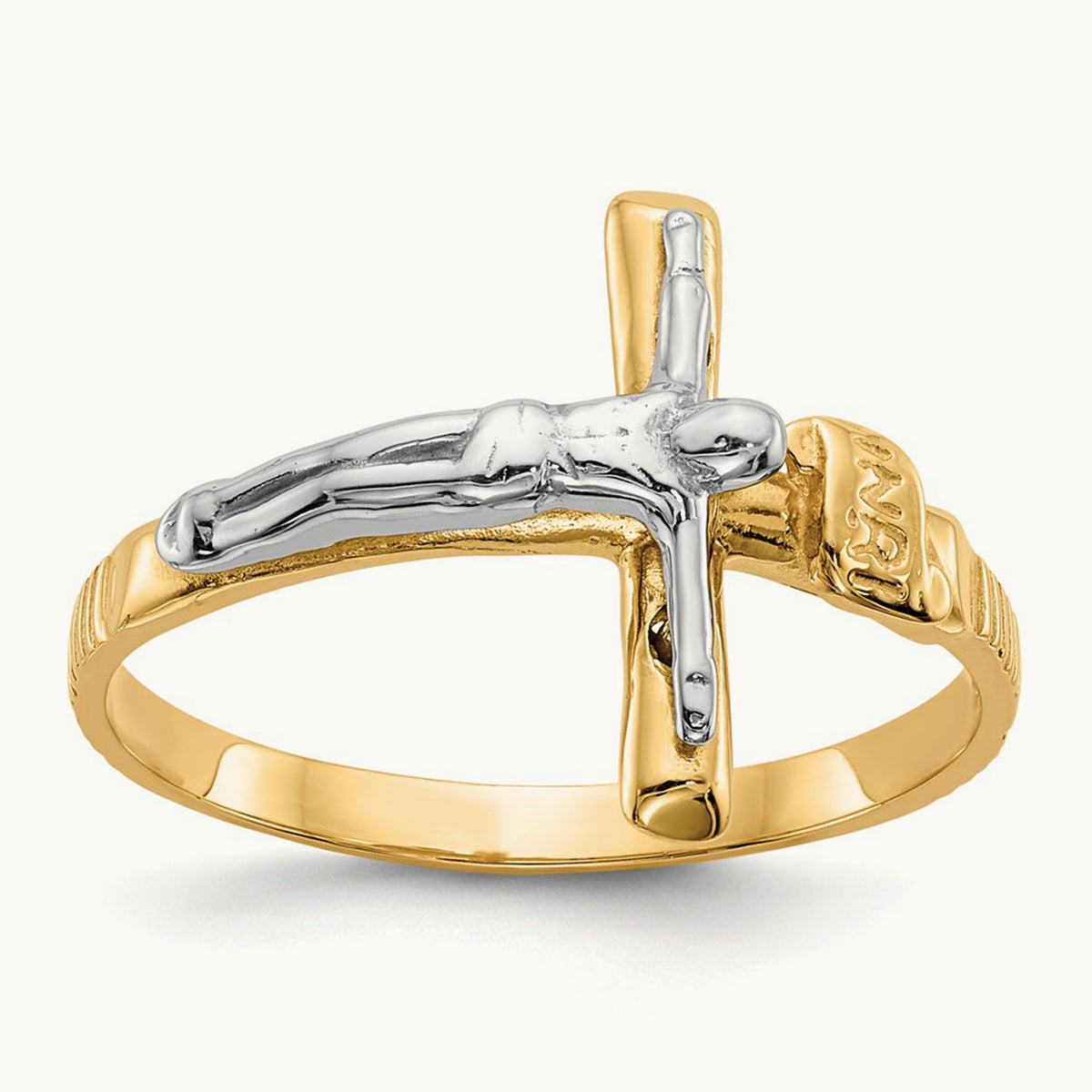 Polished INRI Crucifix Ring — 14K Two-Tone Gold, 6.75