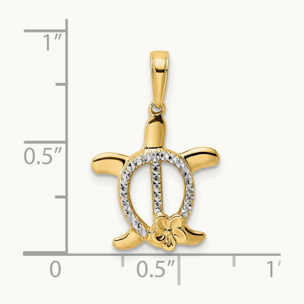 Diamond-cut Turtle w/ Flower Pendant, 14K with White Rhodium