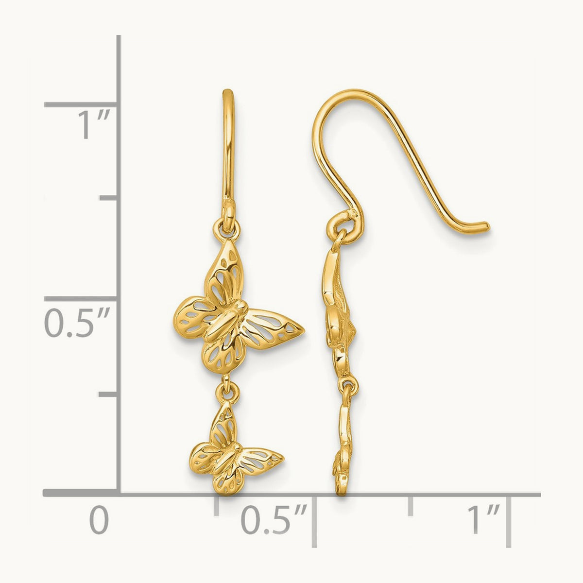 Polished Double Butterfly Moveable Dangle Shepherd Hook Earrings, 14K